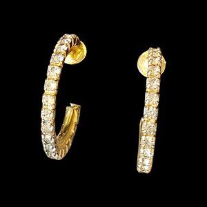 Vintage Les Bernard Goldtone Hoop Rhinestone Earrings Clipon Prong Set Screwback